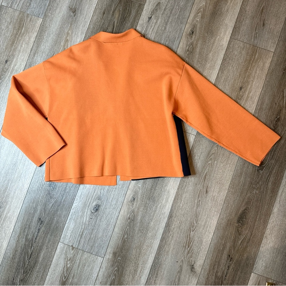 COS Colorblock Huge Pocket Knit Open Front Boxy Jacket Orange Navy Blue Sz S EUC - Picture 9 of 10